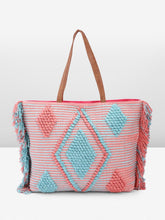 PRIMROSE Handcrafted Woven Tote Bag with Fringe Detailing Pink and Blue